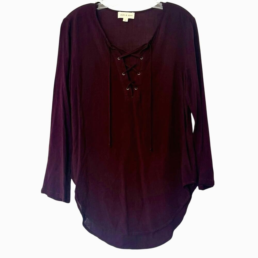Cloth & Stone Purple Long Sleeve Lace Up Tie V-Neck Blouse Rayon Boho Size Small